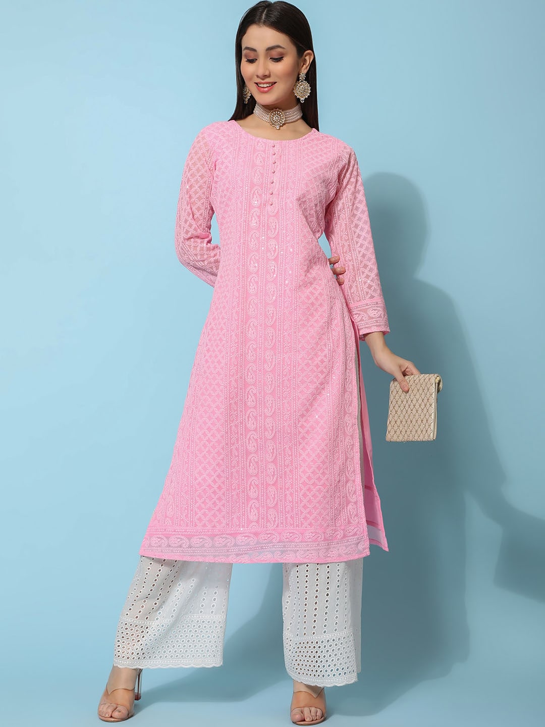 Kalini Ethnic Motifs Embroidered Chikankari Georgette Straight Kurta - Distacart