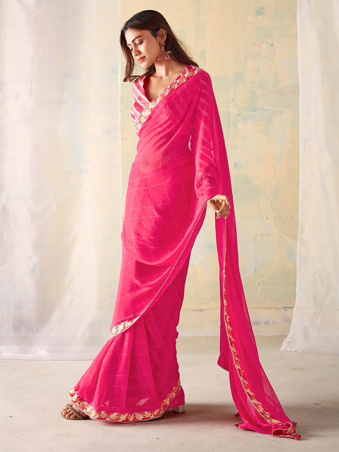 Saree Mall Checked Gotta Patti Pure Georgette Sarees - Distacart