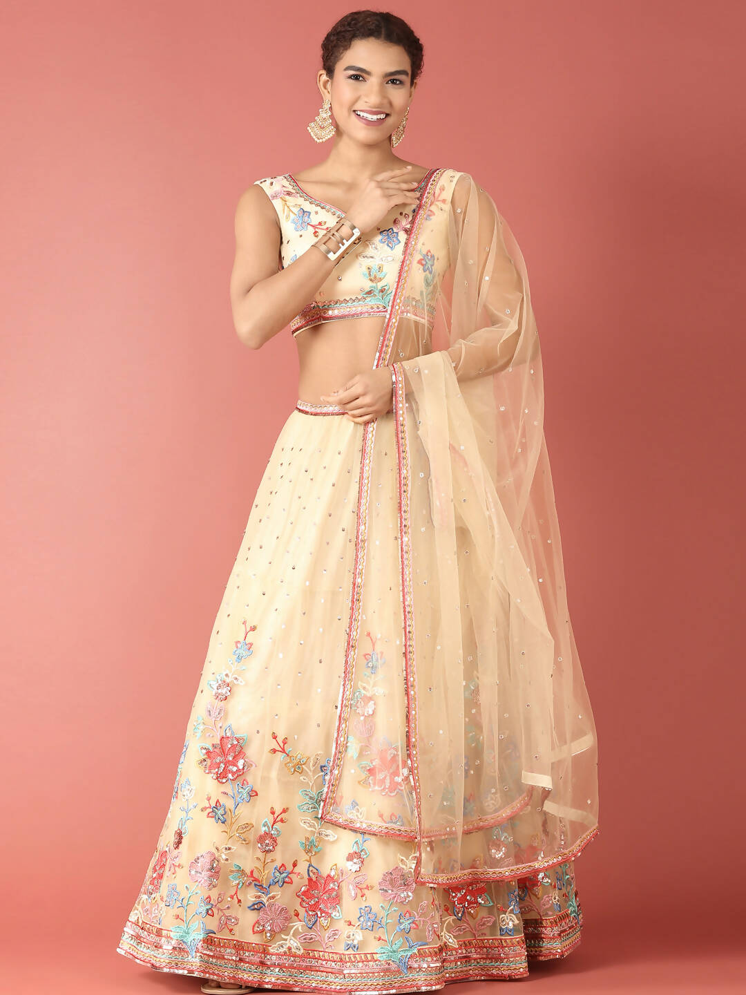 House of Panchhi Cream Net Multi colour Thread & Sequinse Work Lehenga & Blouse, Dupatta - Distacart