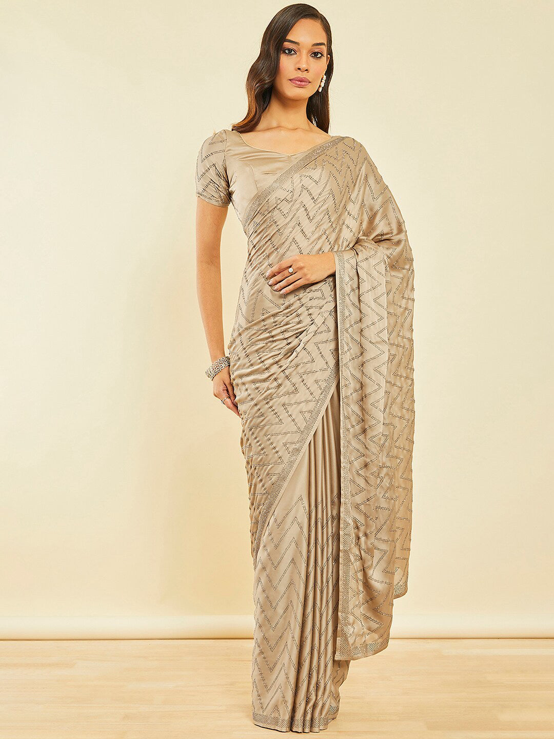 Soch Beige Embellished Beads and Stones Saree - Distacart
