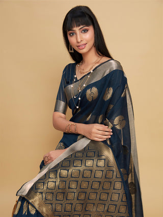 Sangria Navy Blue Ethnic Motifs Woven Design Zari Saree - Distacart