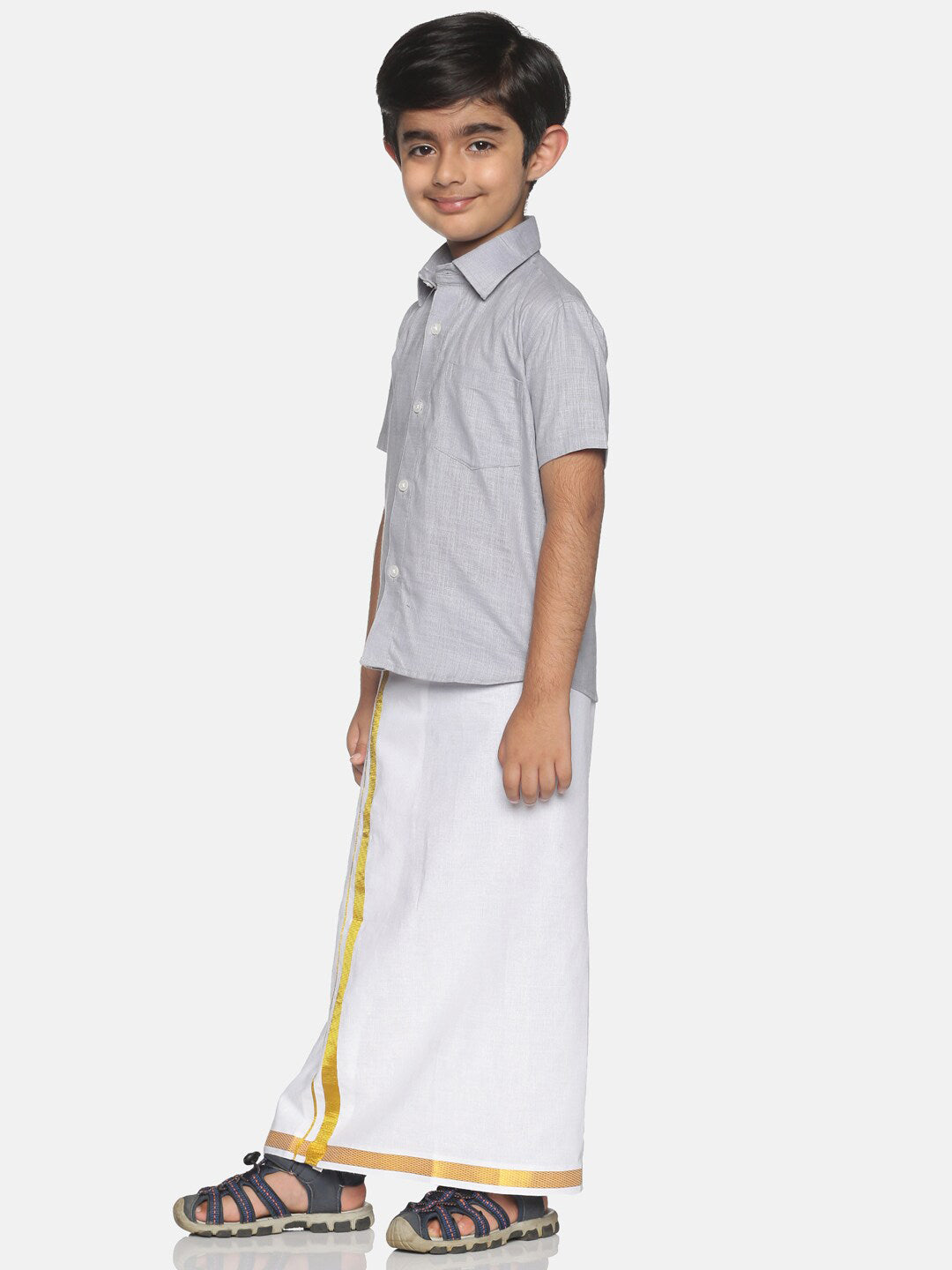 Sethukrishna Boys Grey & White Solid Shirt and Veshti Set - Distacart