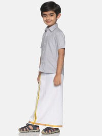 Thumbnail for Sethukrishna Boys Grey & White Solid Shirt and Veshti Set - Distacart