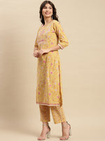 Thumbnail for Sangria Yellow & Pink Floral Printed Pure-Cotton Straight Kurta With Trouser & Dupatta - Distacart