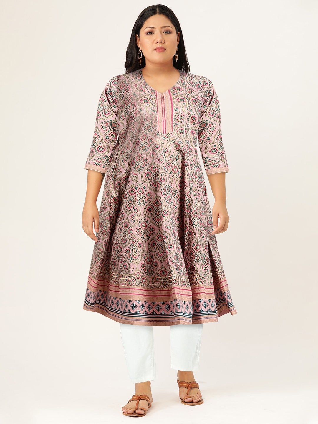 Sangria Women Pink & Green Ethnic Print Anarkali Kurta - Distacart