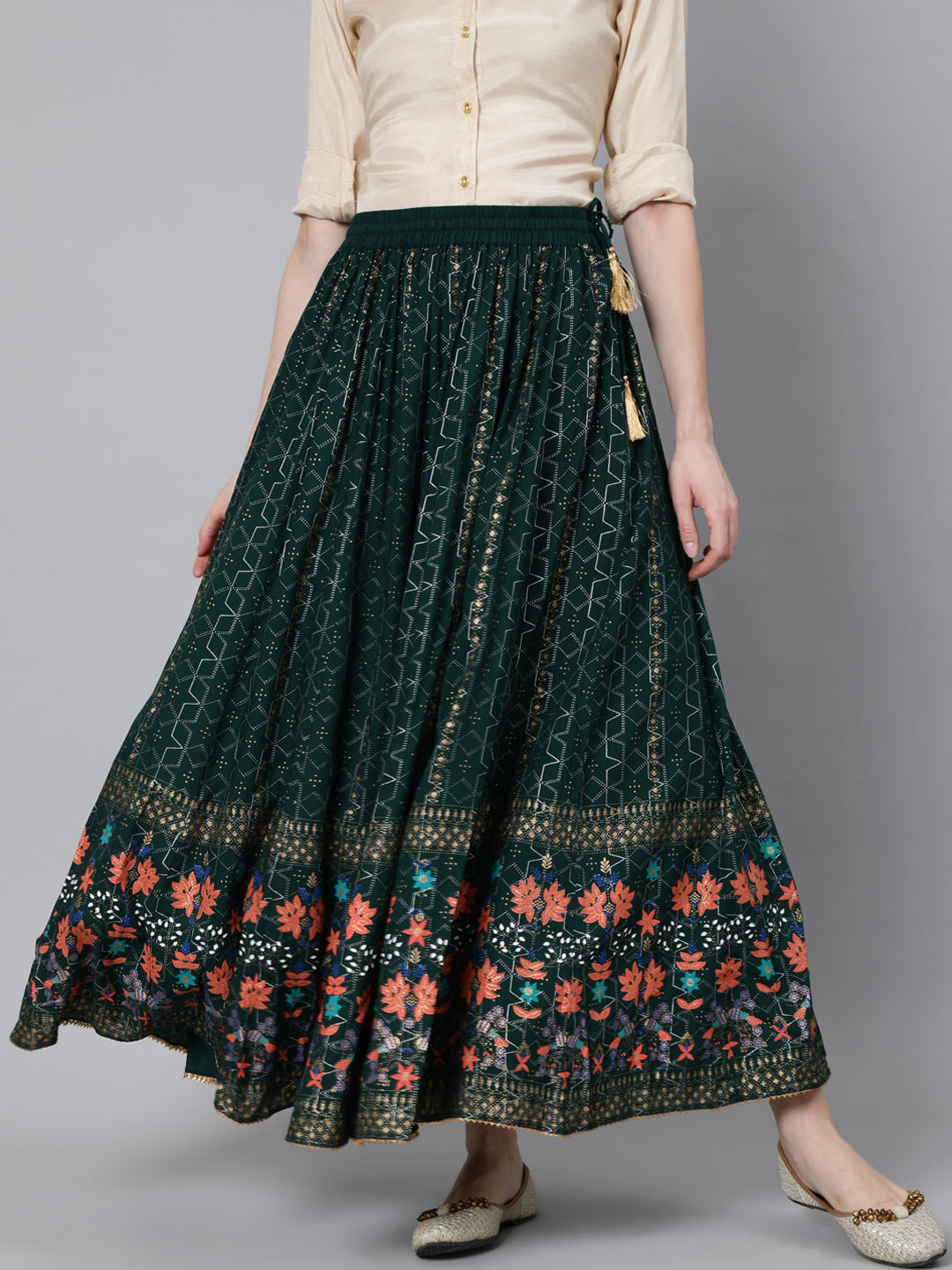 Jaipur Kurti Women Green & Peach-Coloured Floral Khadi Printed Flared Maxi Skirt - Distacart