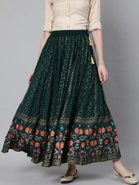 Thumbnail for Jaipur Kurti Women Green & Peach-Coloured Floral Khadi Printed Flared Maxi Skirt - Distacart