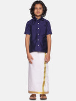 Thumbnail for Sethukrishna Boys Navy Blue Shirt With Readymade Dhoti - Distacart