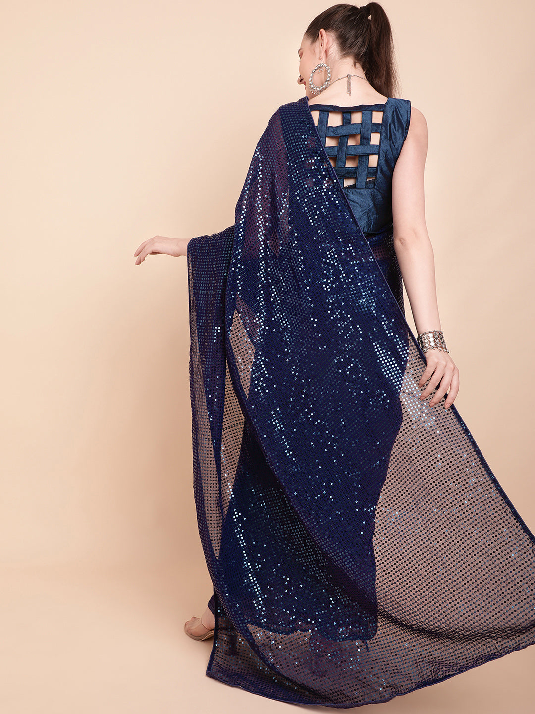 Sangria Navy Blue & Silver-Toned Sequin Embellished Pure Georgette Saree - Distacart