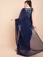 Thumbnail for Sangria Navy Blue & Silver-Toned Sequin Embellished Pure Georgette Saree - Distacart