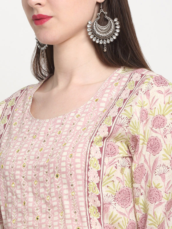 Kalini Floral Printed Sequined A-Line Pure Cotton Kurta with Trousers & Dupatta - Distacart
