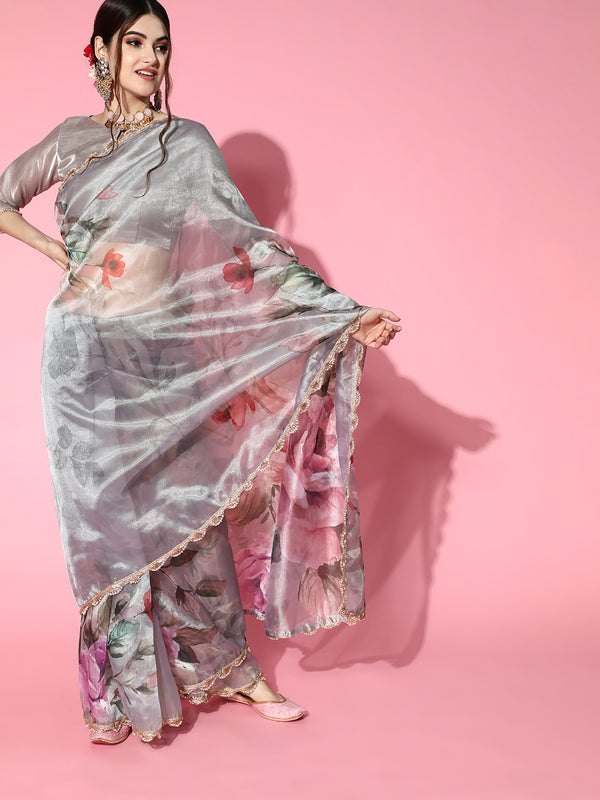 Tikhi Imli Grey Saree with Zari border - Distacart