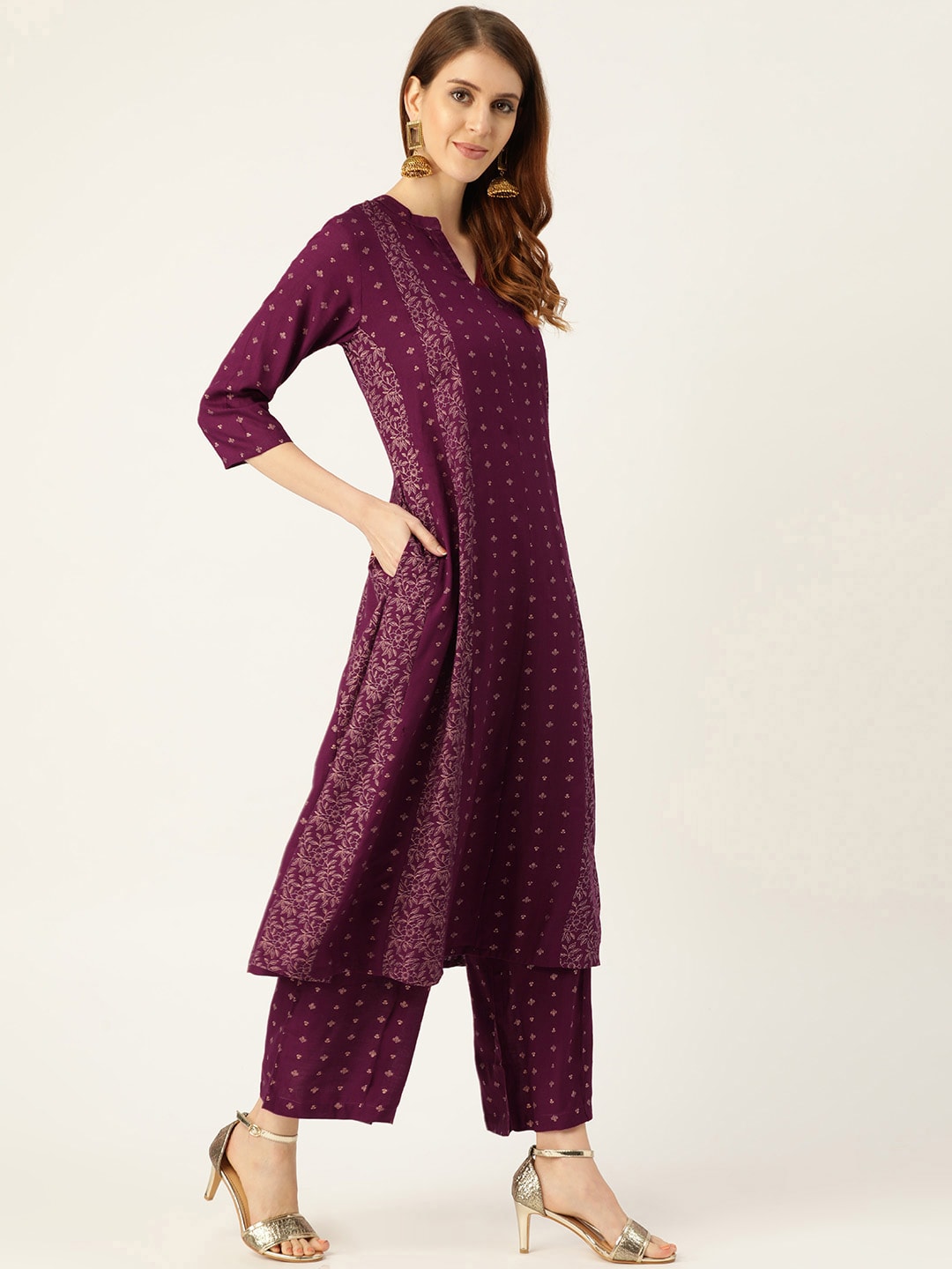 Sangria Women Wine-Coloured & Golden Khari Printed Kurta with Palazzos - Distacart