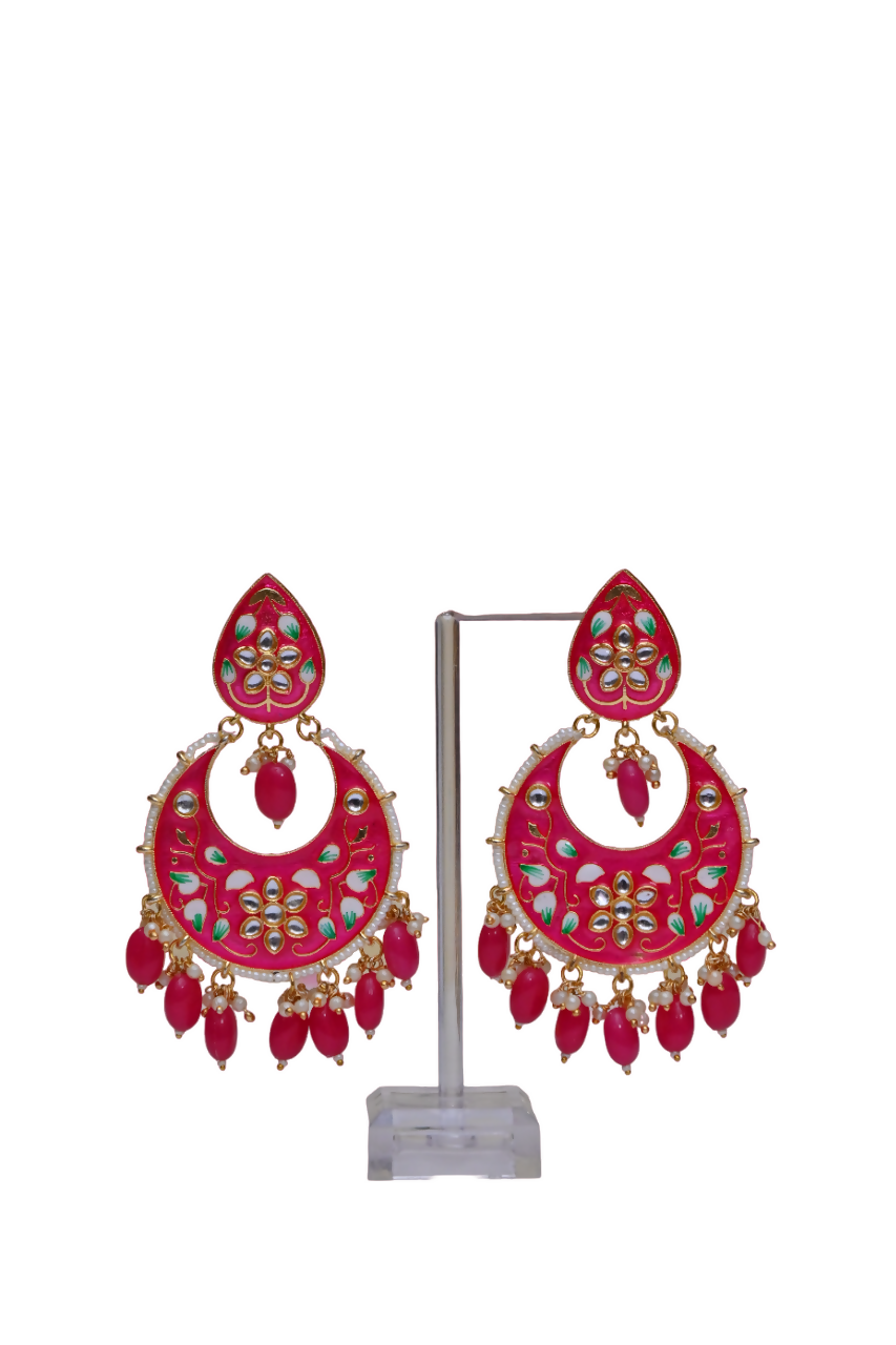 Gold Plated Brass & Pearl Dangle Women Pink Hand Painted Meenakari Chandbali Earrings By House of Ree - Distacart