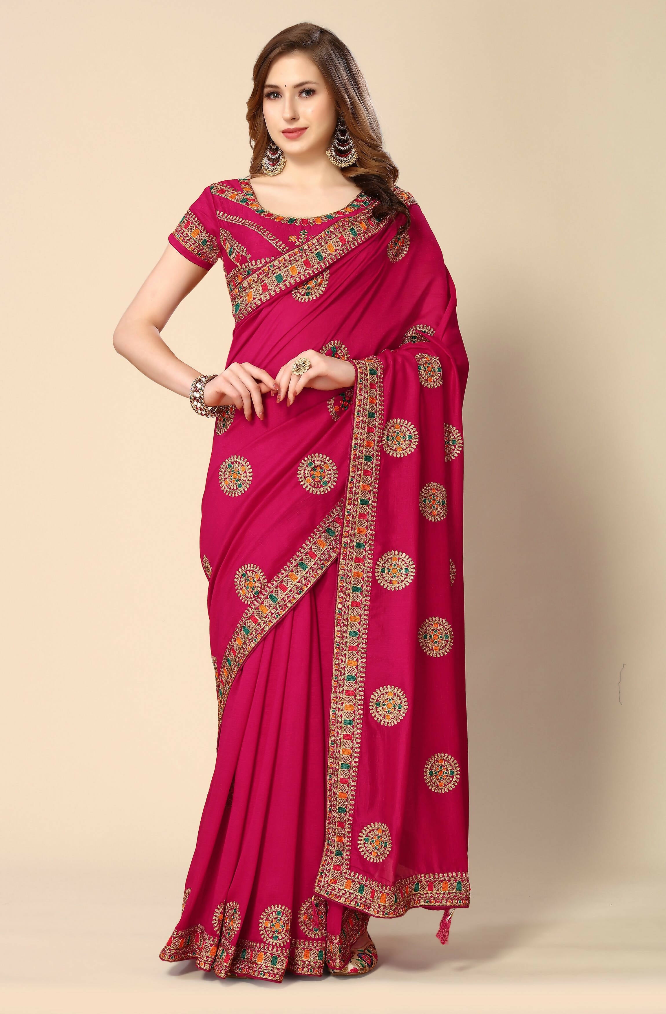 Pink Chinon Embroidered Saree with Unstitched Blouse Piece - Roozal - Distacart