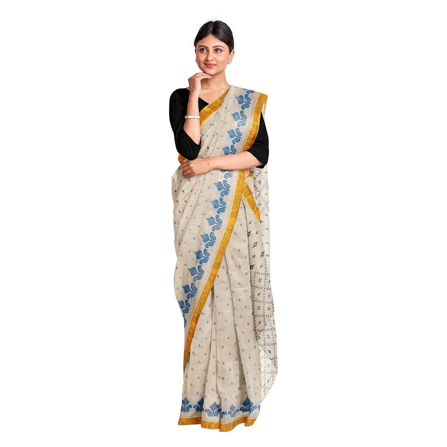 Exclusive Collection 100% Pure Cotton Off White Blue Saree With Printed Work - Distacart