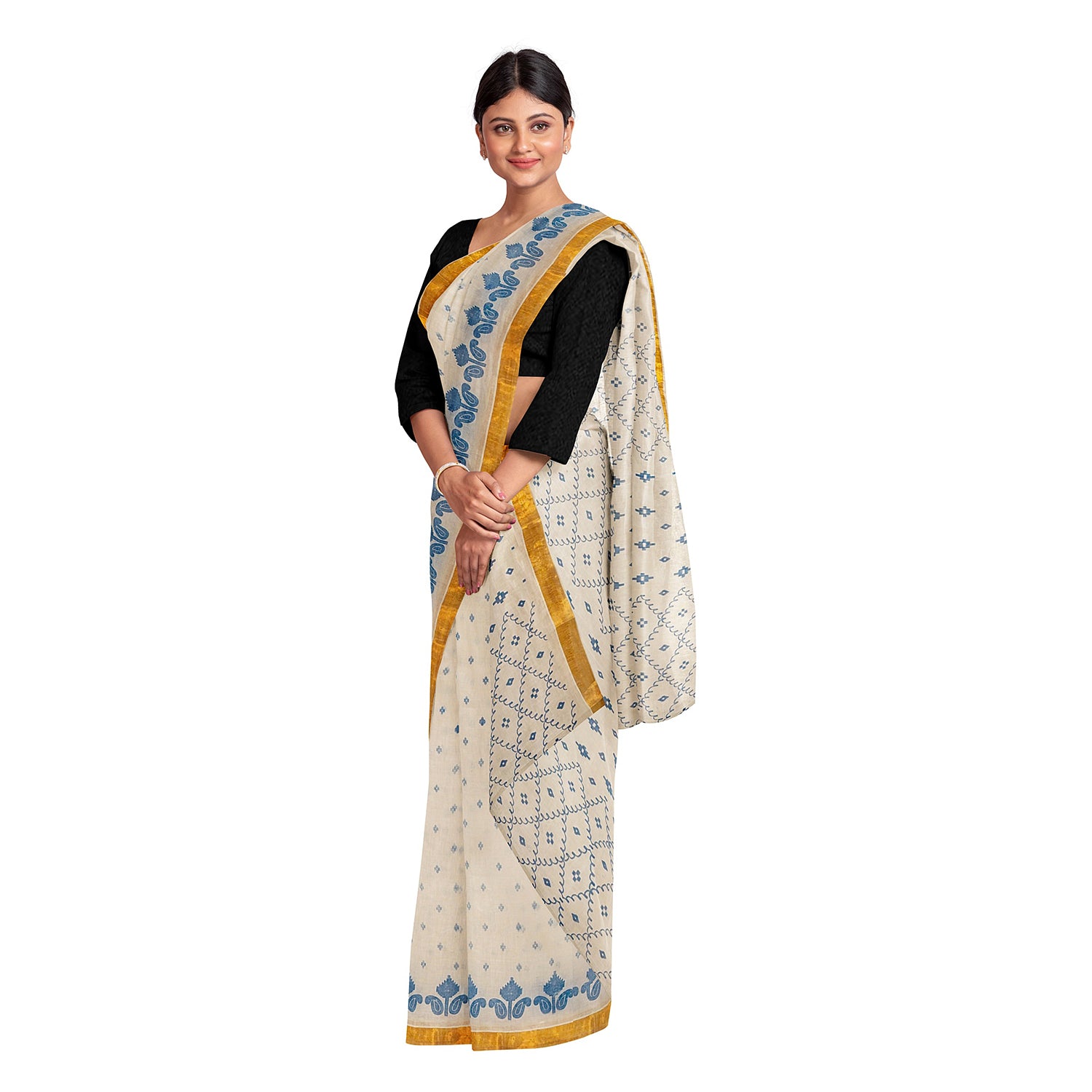 Exclusive Collection 100% Pure Cotton Off White Blue Saree With Printed Work - Distacart