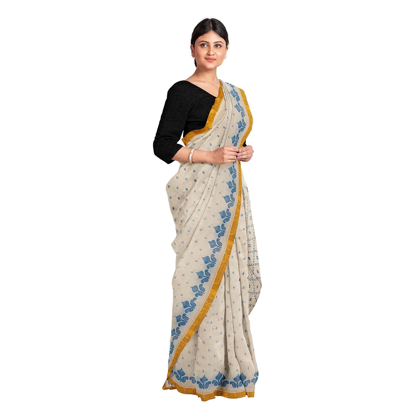 Exclusive Collection 100% Pure Cotton Off White Blue Saree With Printed Work - Distacart