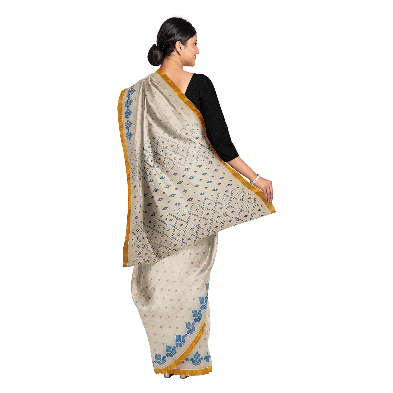 Exclusive Collection 100% Pure Cotton Off White Blue Saree With Printed Work - Distacart