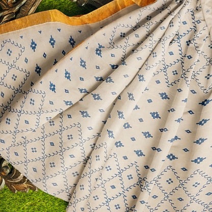 Exclusive Collection 100% Pure Cotton Off White Blue Saree With Printed Work - Distacart