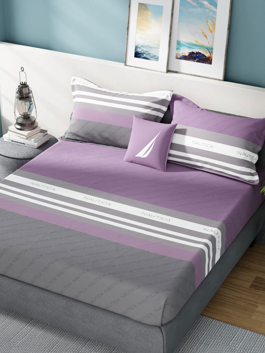 Nautica Bradford Purple & Grey Striped 160 TC Pure Cotton King Bedsheet & 2 Pillow Covers - Distacart