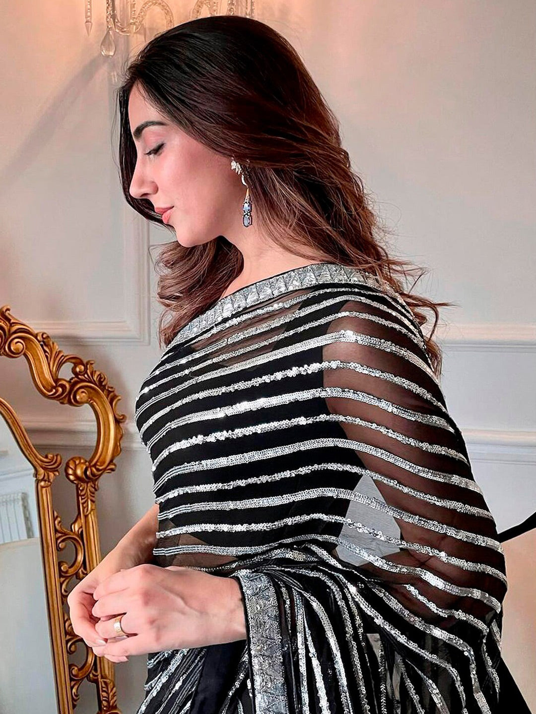 Sangria Black Sequinned Embellished Saree - Distacart