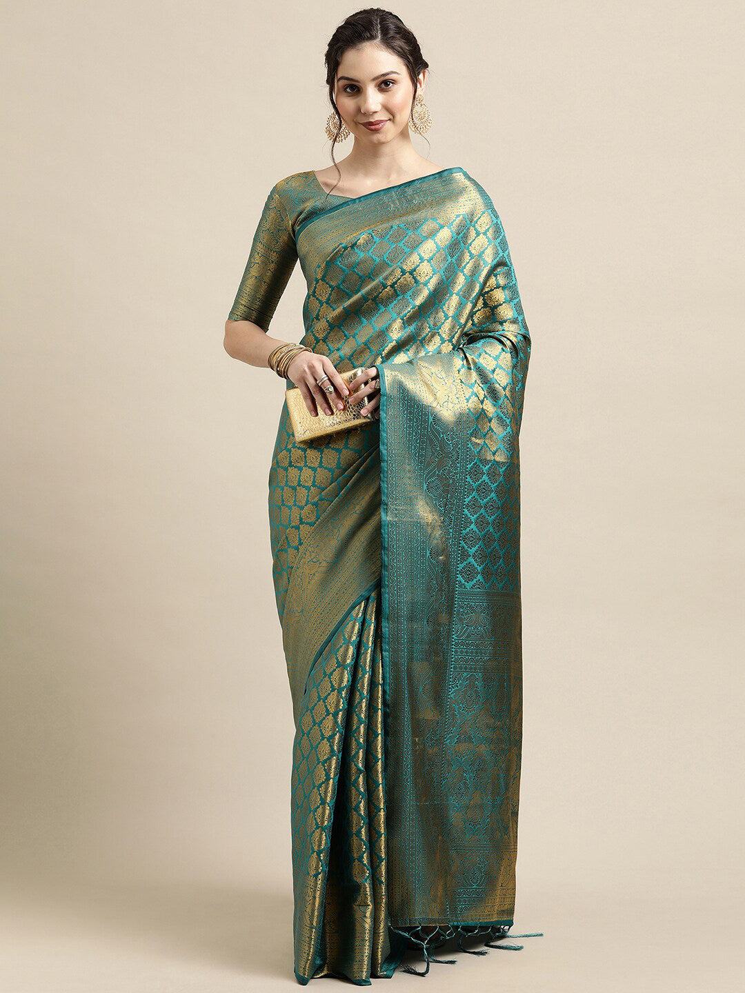 Saree Mall Blue & Gold-Toned Woven Design Zari Silk Blend Banarasi Saree - Distacart