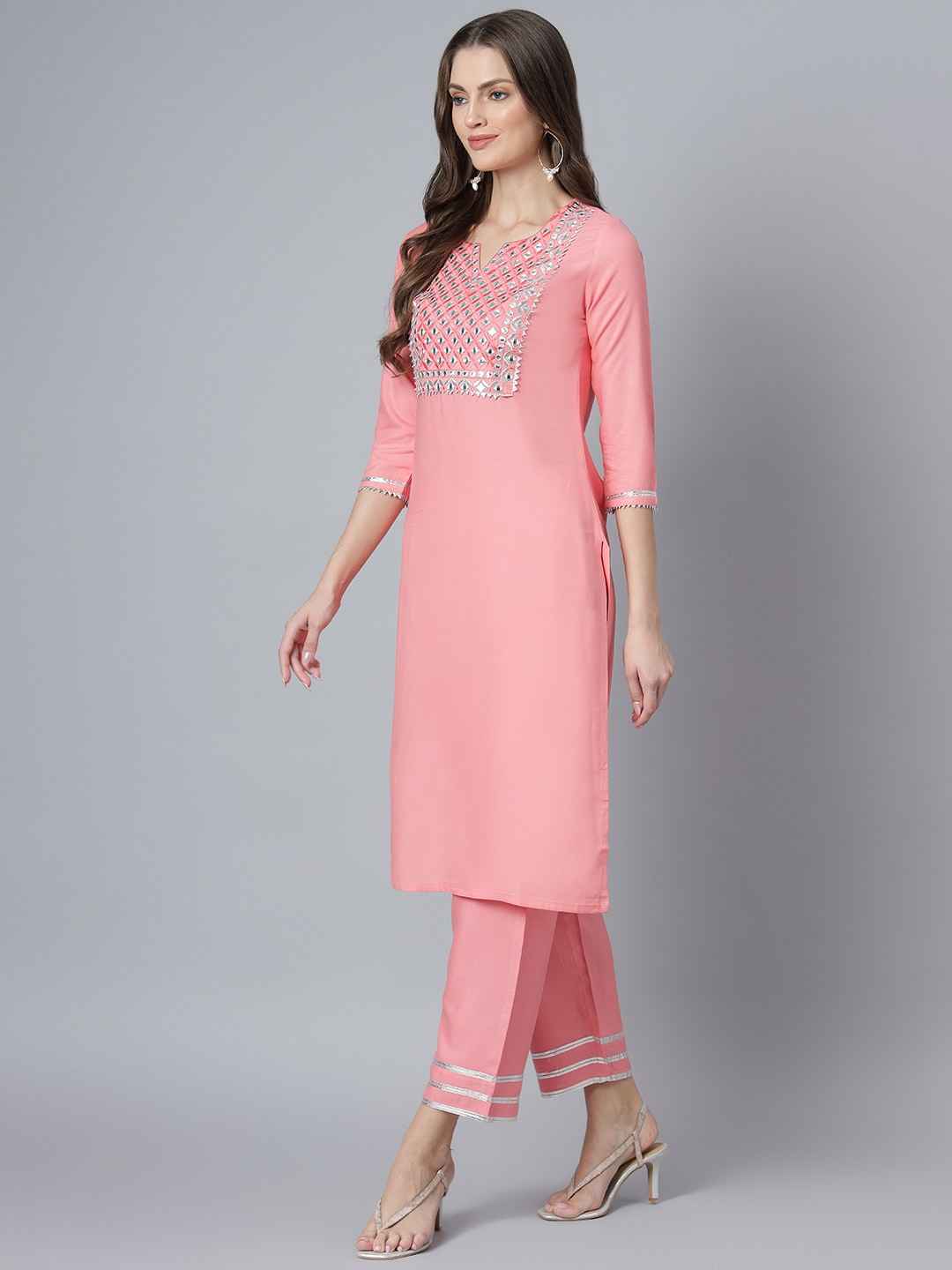 Khushal K Women Pink Yoke Design Embroirdered Kurta with Trousers - Distacart