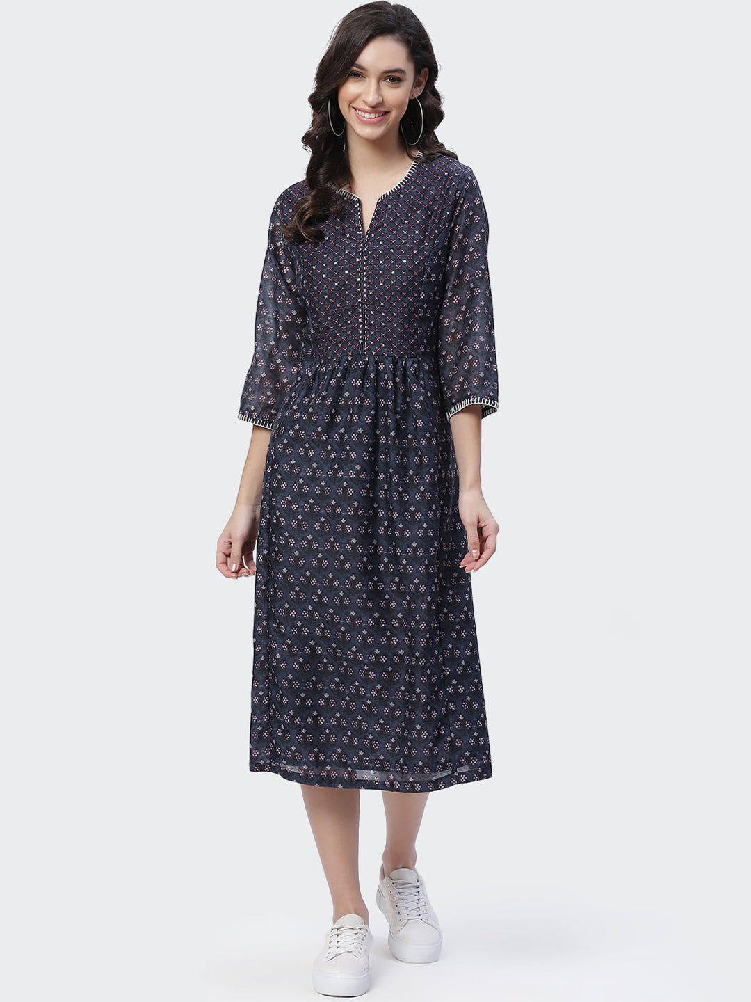 Biba Women Navy Blue Ethnic Motifs Printed Keyhole Neck Thread Work Kurta - Distacart