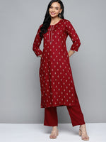 Thumbnail for HERE&NOW Women Maroon Ethnic Motifs Printed Regular Kurta with Palazzos - Distacart