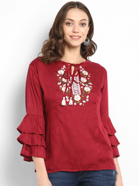 Thumbnail for Wahe-NOOR Women's Maroon Embellished A-Line Top - Distacart