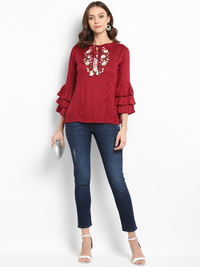 Thumbnail for Wahe-NOOR Women's Maroon Embellished A-Line Top - Distacart