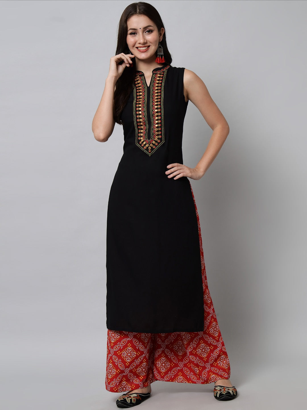 Kalini Women Black Embroidered Thread Work Kurta with Palazzos - Distacart