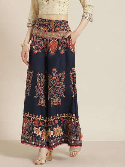Juniper Women Indigo Cotton Printed Flared Palazzo - Distacart