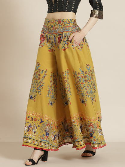 Juniper Women Mustard Cotton Printed Flared Palazzo - Distacart
