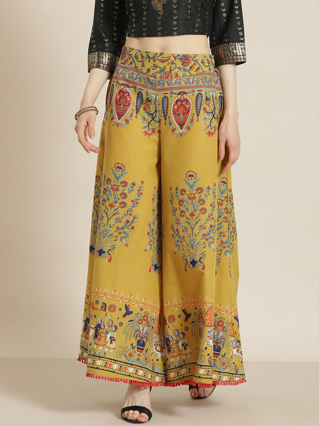 Juniper Women Mustard Cotton Printed Flared Palazzo - Distacart