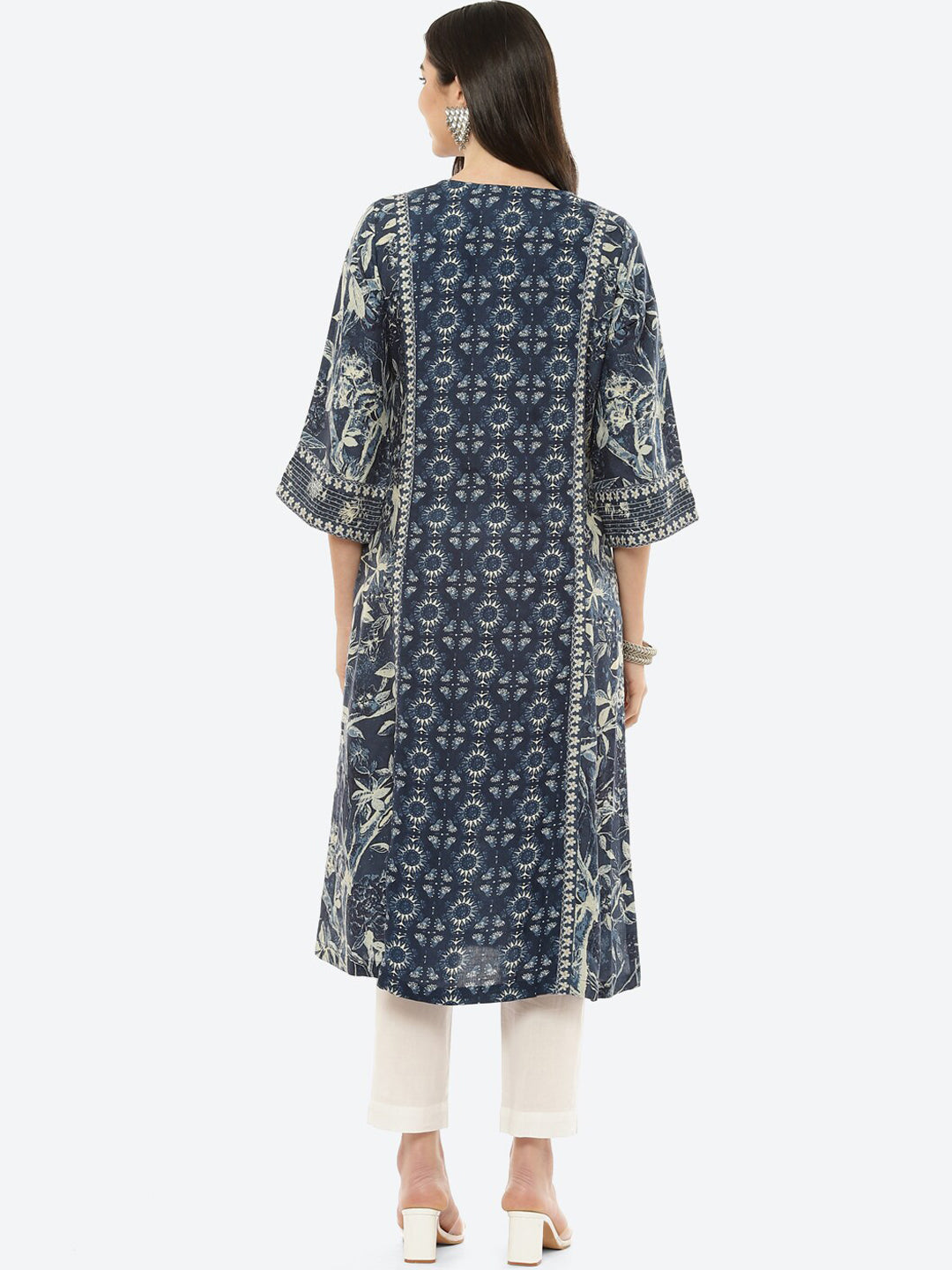 Biba Women Navy Blue & Off White Ethnic Motifs Print Straight Kurta - Distacart