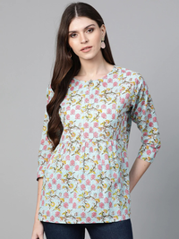 Thumbnail for Wahe-NOOR Women's Blue & Pink Floral Print A-Line Top - Distacart