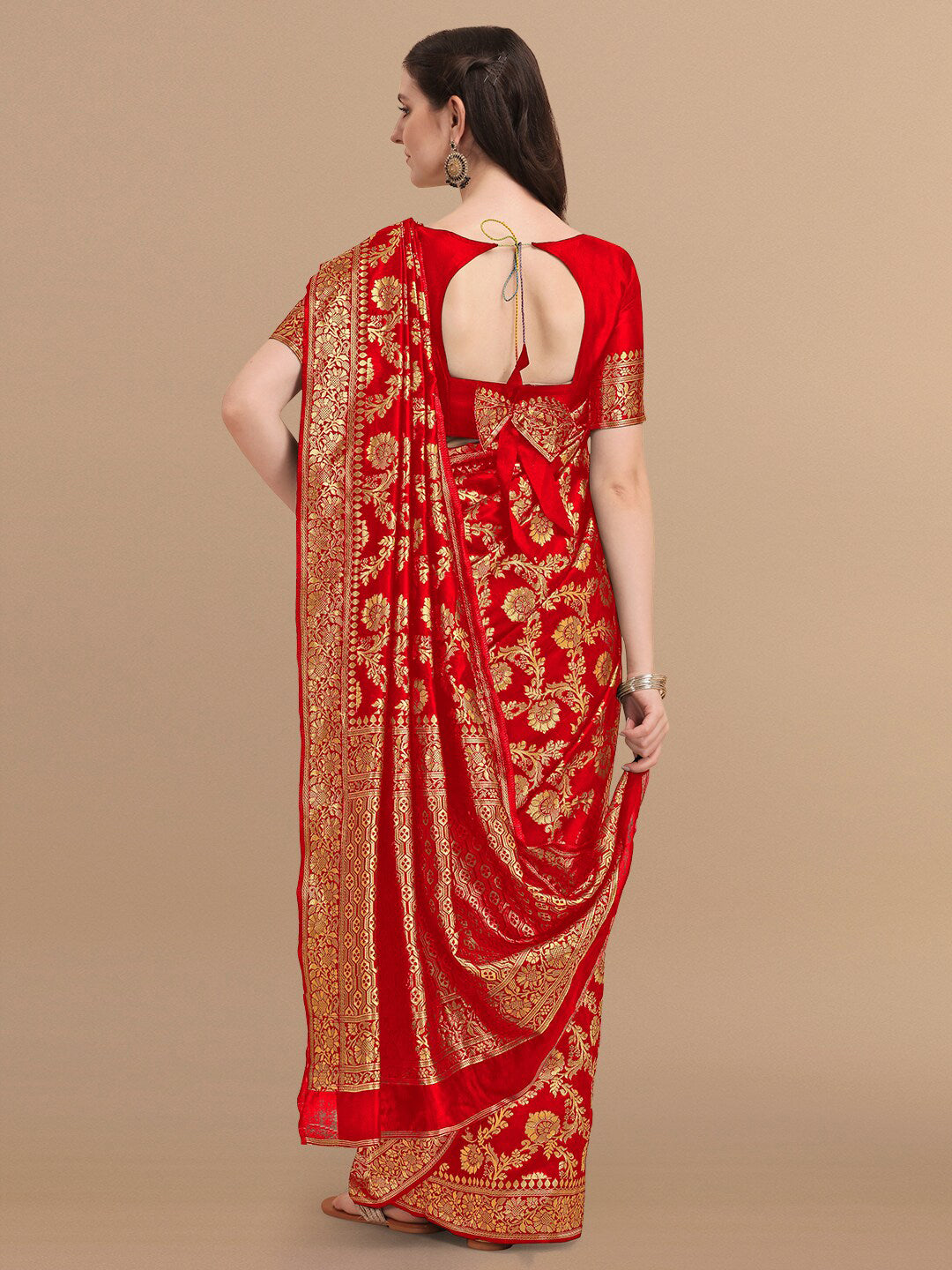 Kalini Red & Golden Floral Zari Silk Blend Banarasi Saree - Distacart