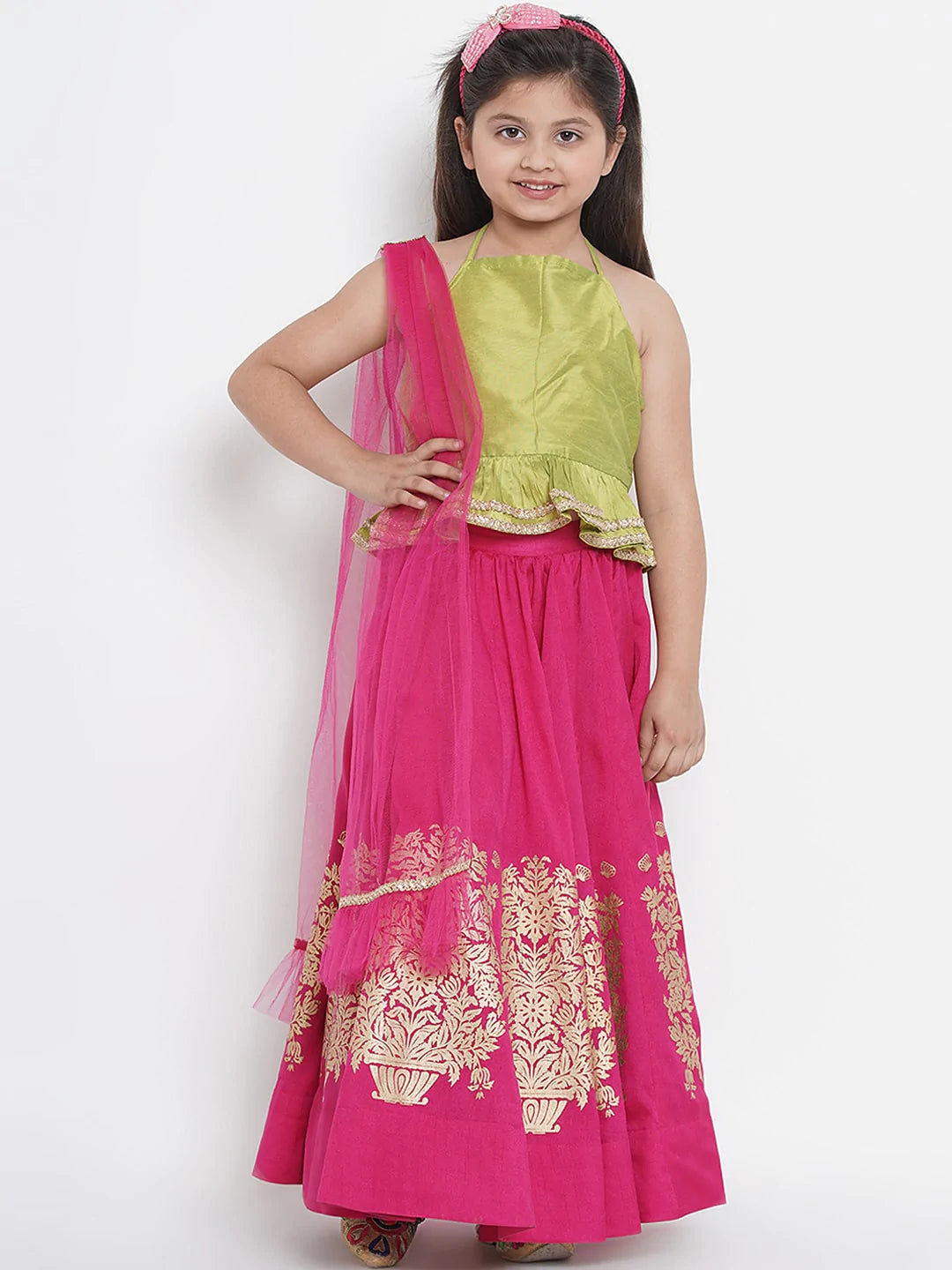 NOZ2TOZ Fuchsia & Green Solid Lehenga & Blouse Set with Dupatta For Girls - Distacart