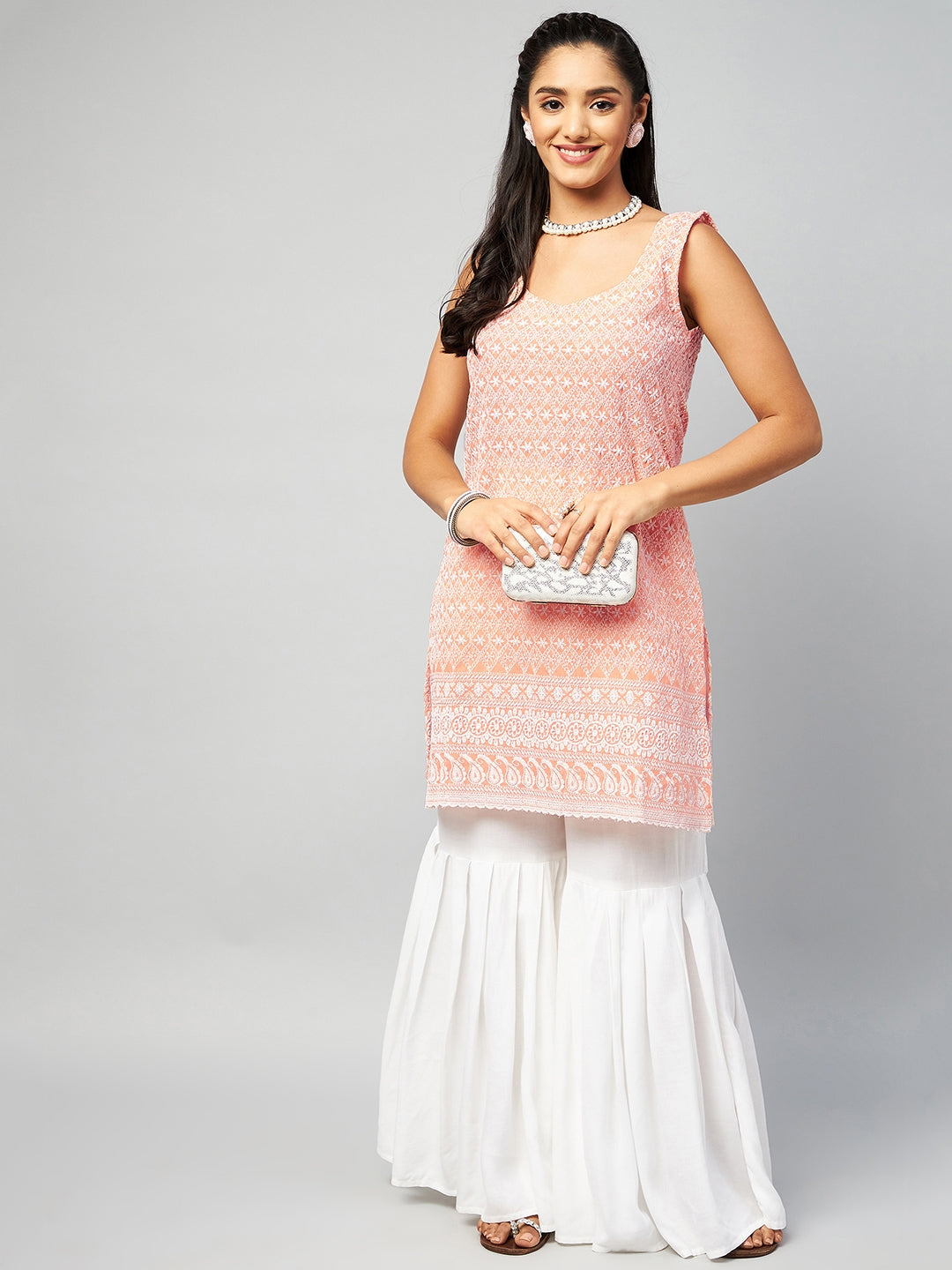 InWeave Women's Peach Sweetheart Neckline Kurta - Distacart