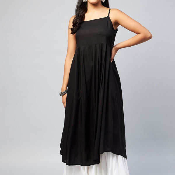 InWeave Women's Solid Black Strappy Kurta - Distacart