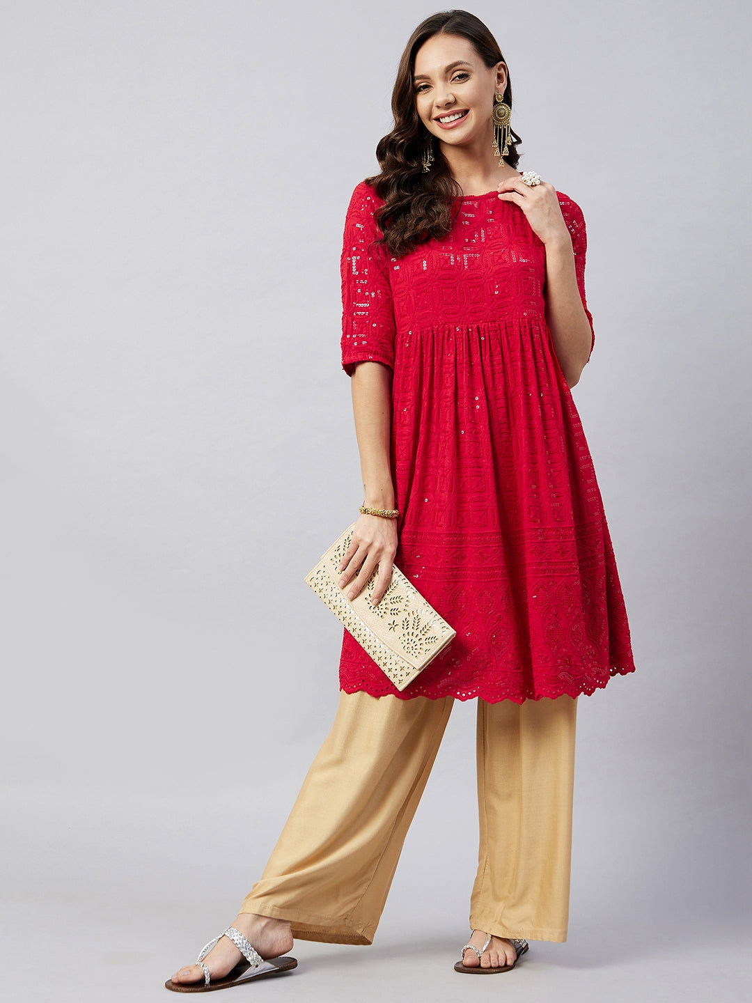 InWeave Women's Ruby Red Chikankari Anarkali Kurta - Distacart