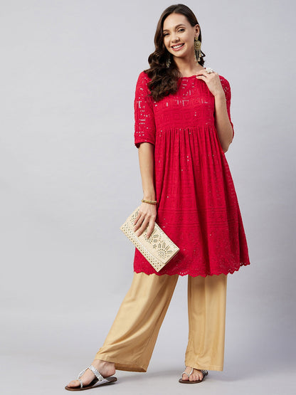 InWeave Women's Ruby Red Chikankari Anarkali Kurta - Distacart