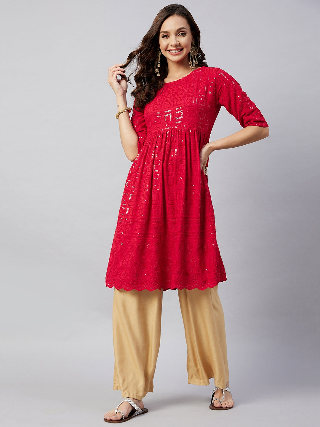 InWeave Women's Ruby Red Chikankari Anarkali Kurta - Distacart