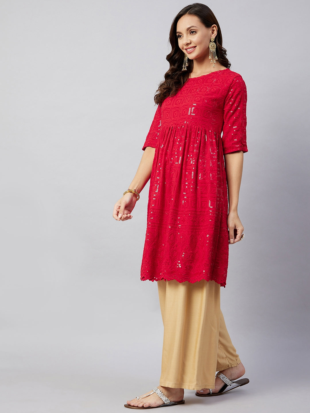 InWeave Women's Ruby Red Chikankari Anarkali Kurta - Distacart