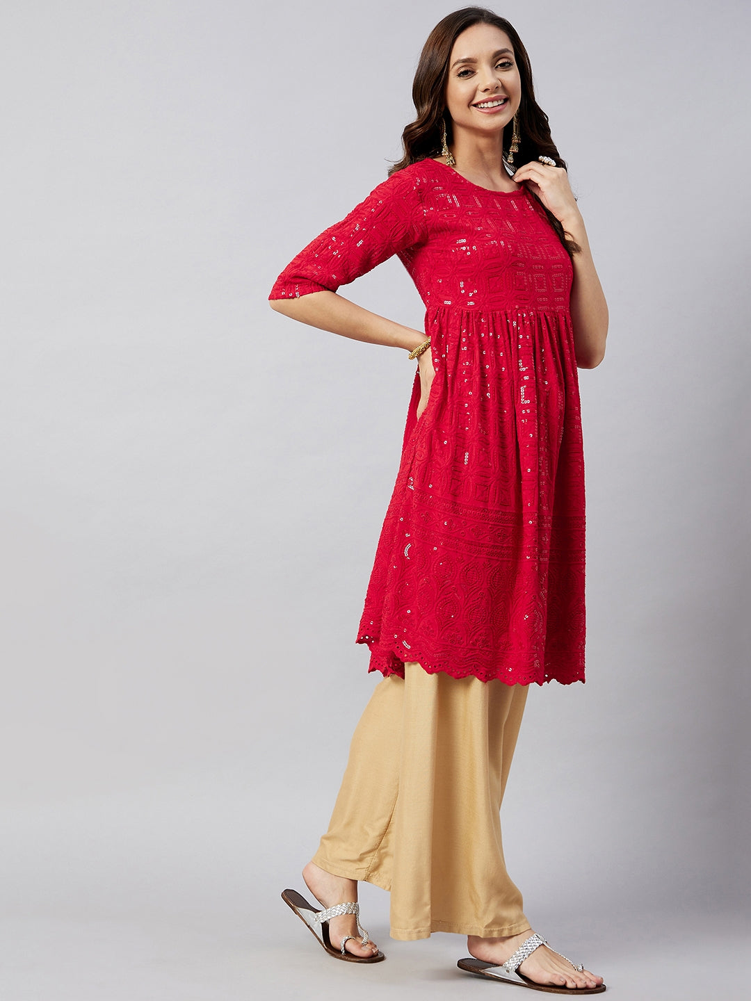 InWeave Women's Ruby Red Chikankari Anarkali Kurta - Distacart