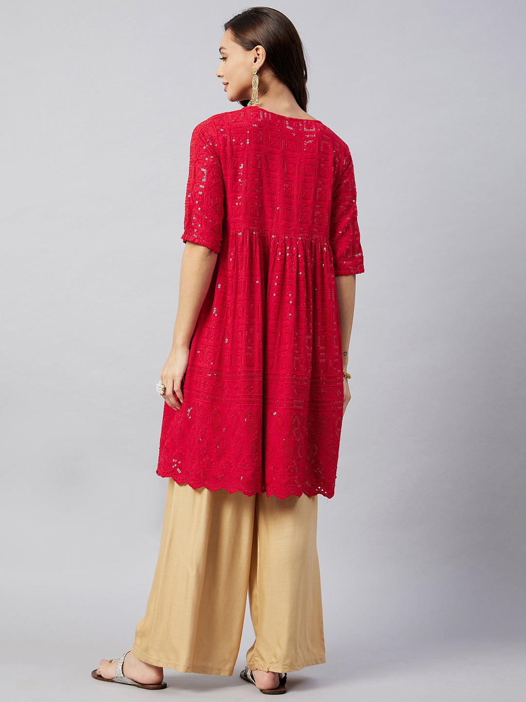 InWeave Women's Ruby Red Chikankari Anarkali Kurta - Distacart
