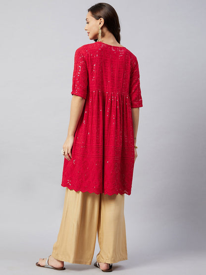InWeave Women's Ruby Red Chikankari Anarkali Kurta - Distacart