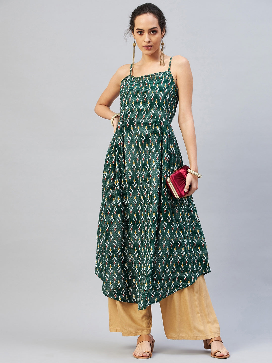 InWeave Women's Green Kantha Ikkat Strappy Kurta - Distacart